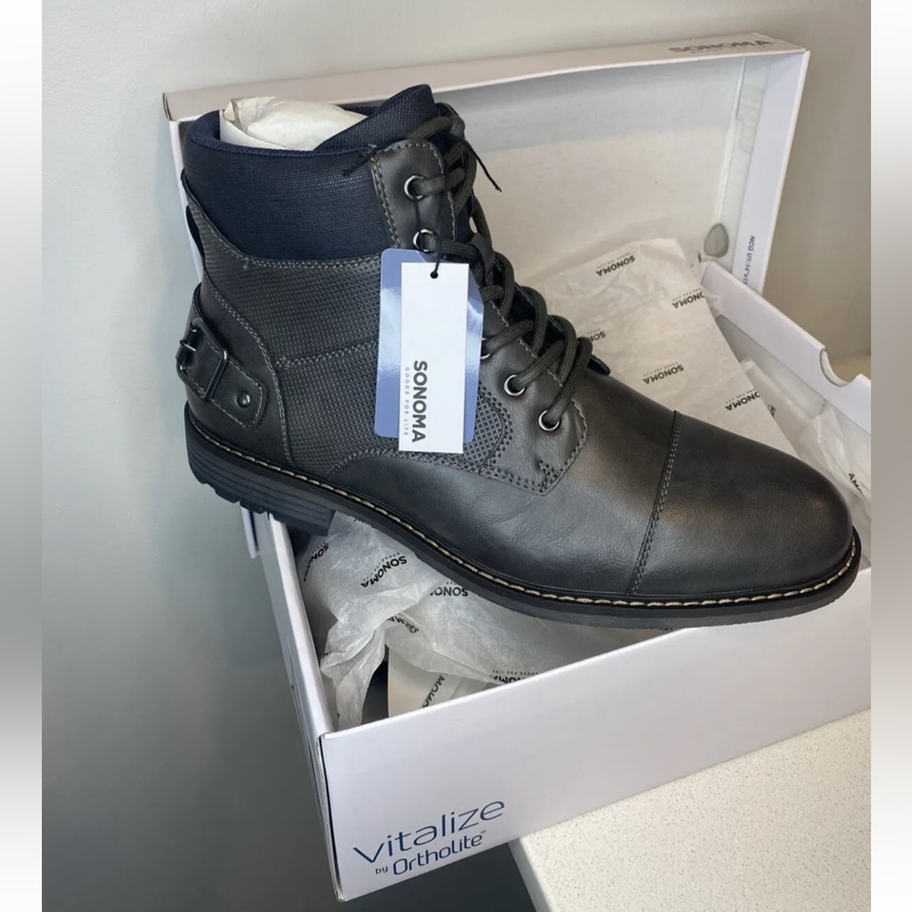Sonoma Men’s Combat Boots Size 11W Wide Gray Lace-Up Casual Rugged Comfort Ortho - Picture 1 of 8